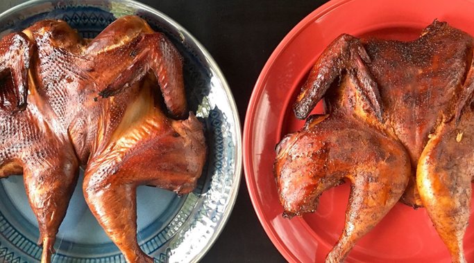 End results: Wet brined and smoked bird (left), dry brined and smoked (right).