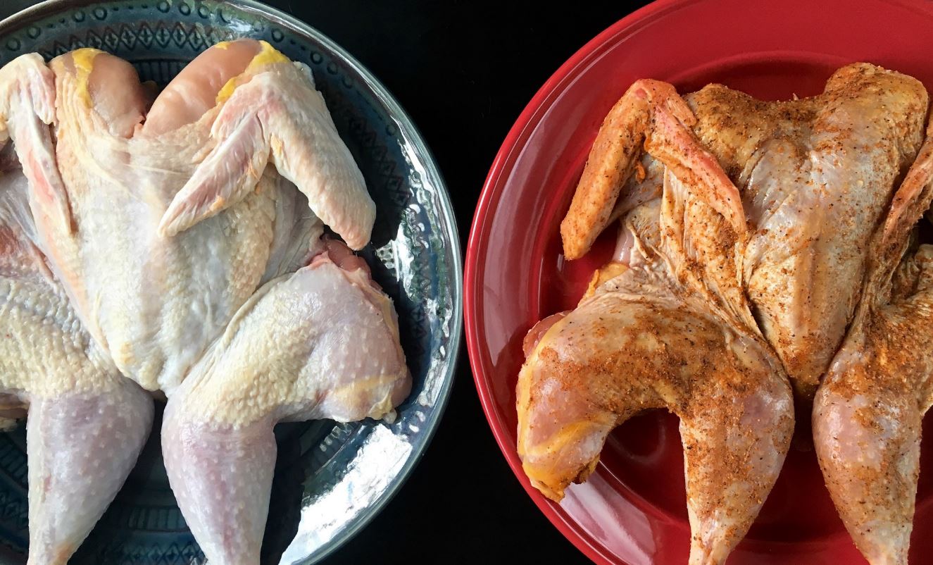 Wet-brined pheasant ready for smoking (left), and dry brined (right).