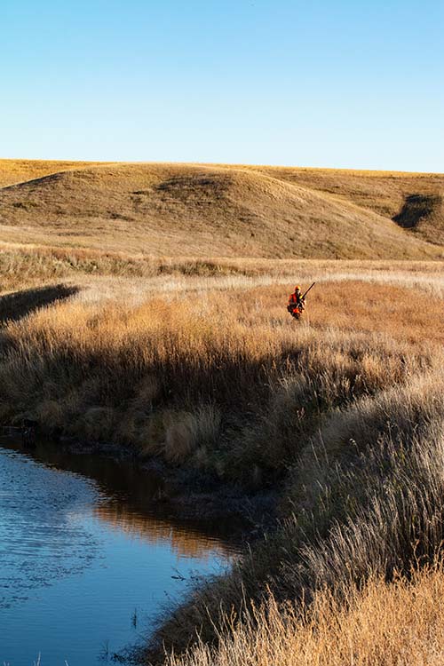 Bob St. Pierre walks the edge of a meandering creek found on a ND PLOTS property. 