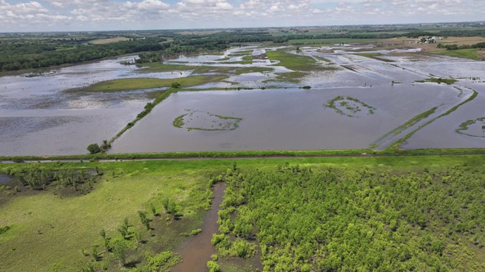 Aerial shot of flooded fields